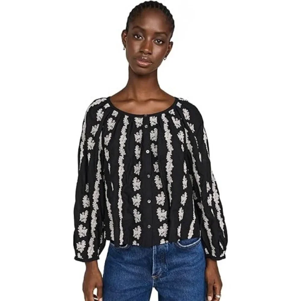 💕MADEWELL💕 Embroidered Puff Sleeve A-Line Top ~ True Black Medium M NWOT